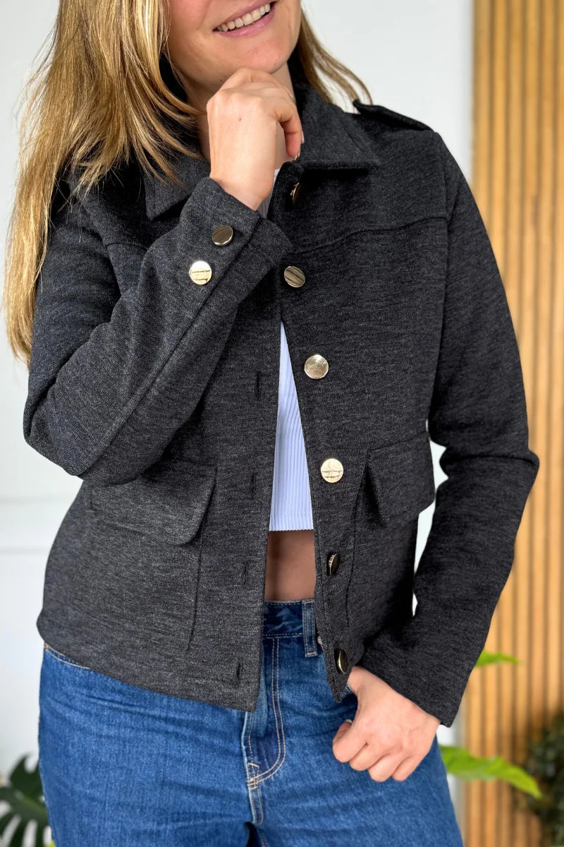 26149 Chaqueta unicolor Larga Gris Oscuro